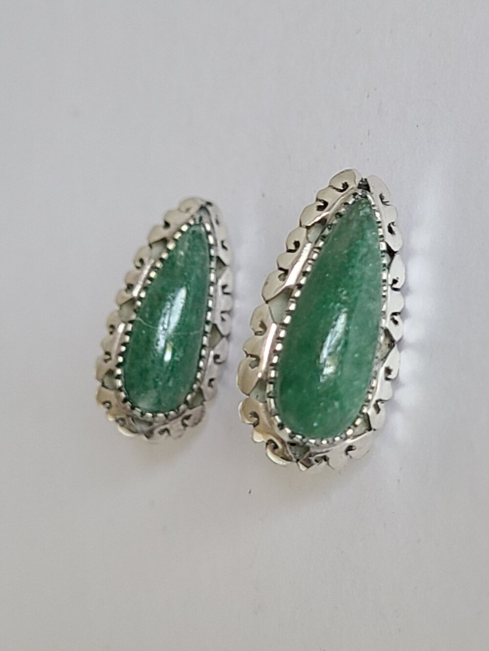 Vintage Boho Sterling Silver Green Jade Filigree Long Teardrop Stud Earrings